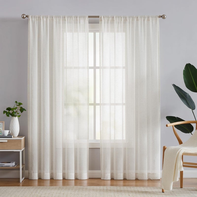 FMFUNCTEX Linen Sheer Curtains for Bedroom, Beige Curtains 72 inches Long for Living Room, Natural Flax Blend Window Draperies for Farmhouse Curtain, Rod Pocket 2 Panels - Image 1